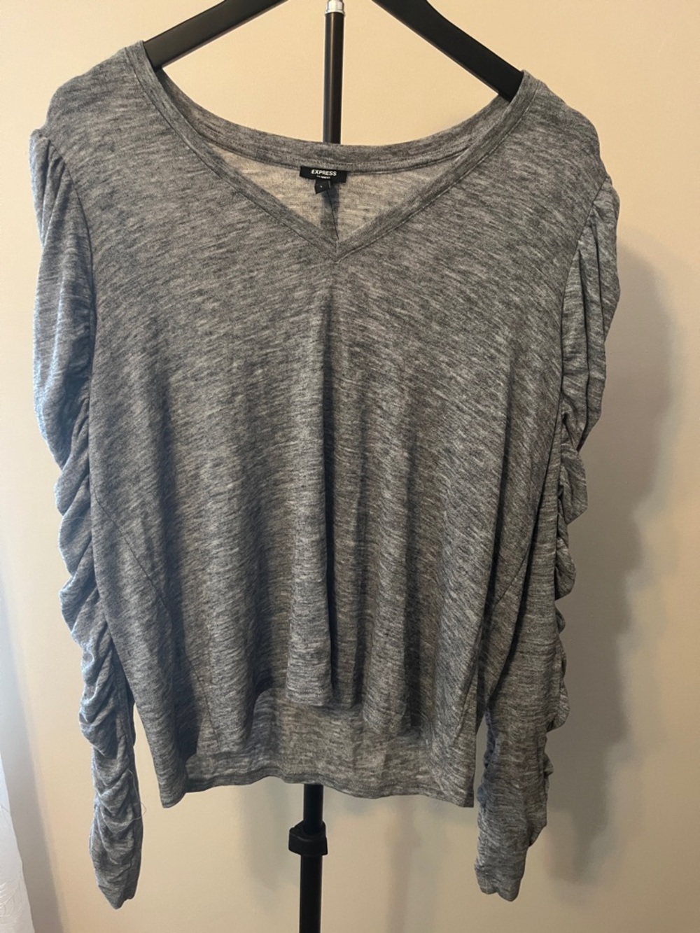 Express Gray V-Neck Ruched-Sleeve Pullover
